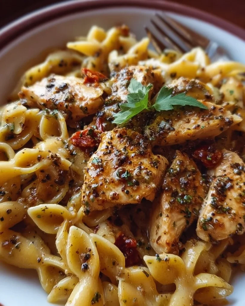 Dish of Dairy Free Marry Me Chicken Pasta garnished with herbs