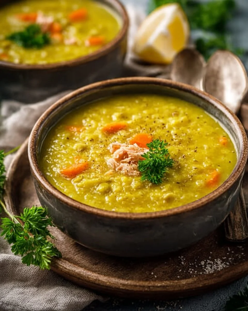 Bowl of delicious classic split pea soup garnished with herbs