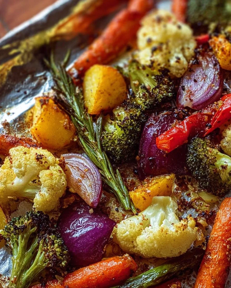 Dish of garlic parmesan roasted vegetables garnished with herbs