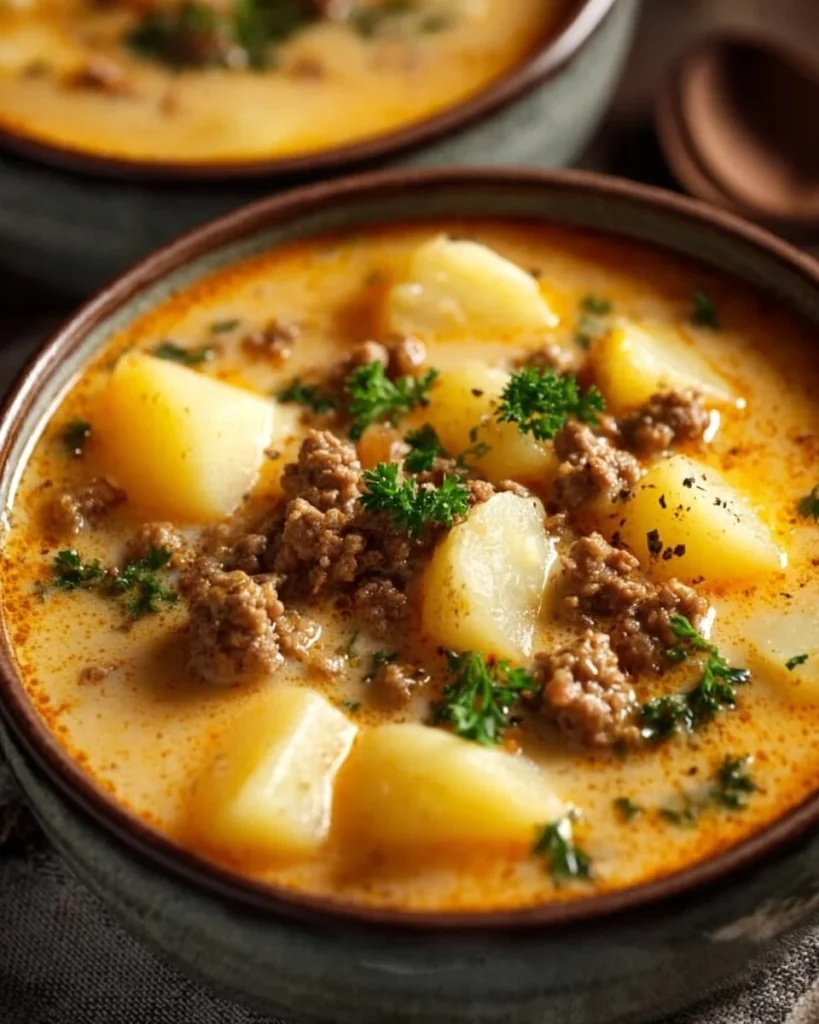 Bowl of delicious hamburger potato soup with fresh herbs and toppings