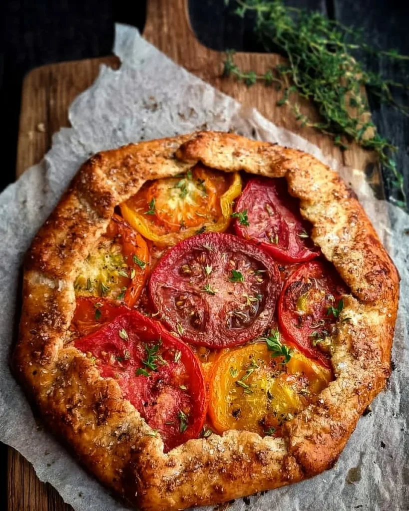 Delicious heirloom tomato galette with fresh ingredients on a rustic table