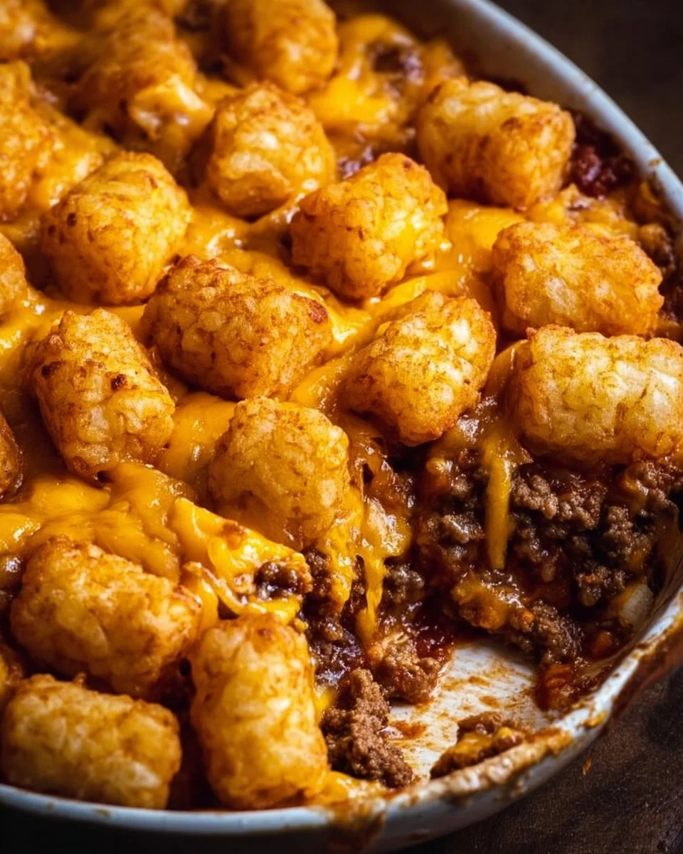 Delicious Sloppy Joe Casserole with Cheesy Tater Tots served in a baking dish