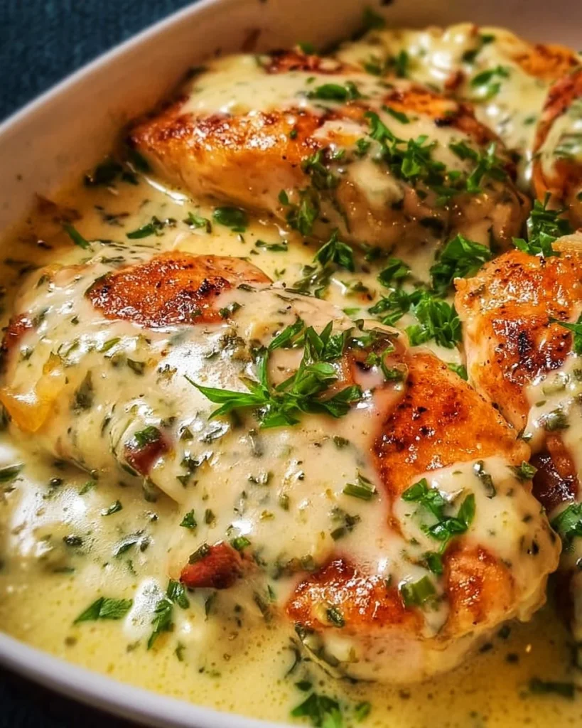Delicious smothered sour cream chicken served on a plate.