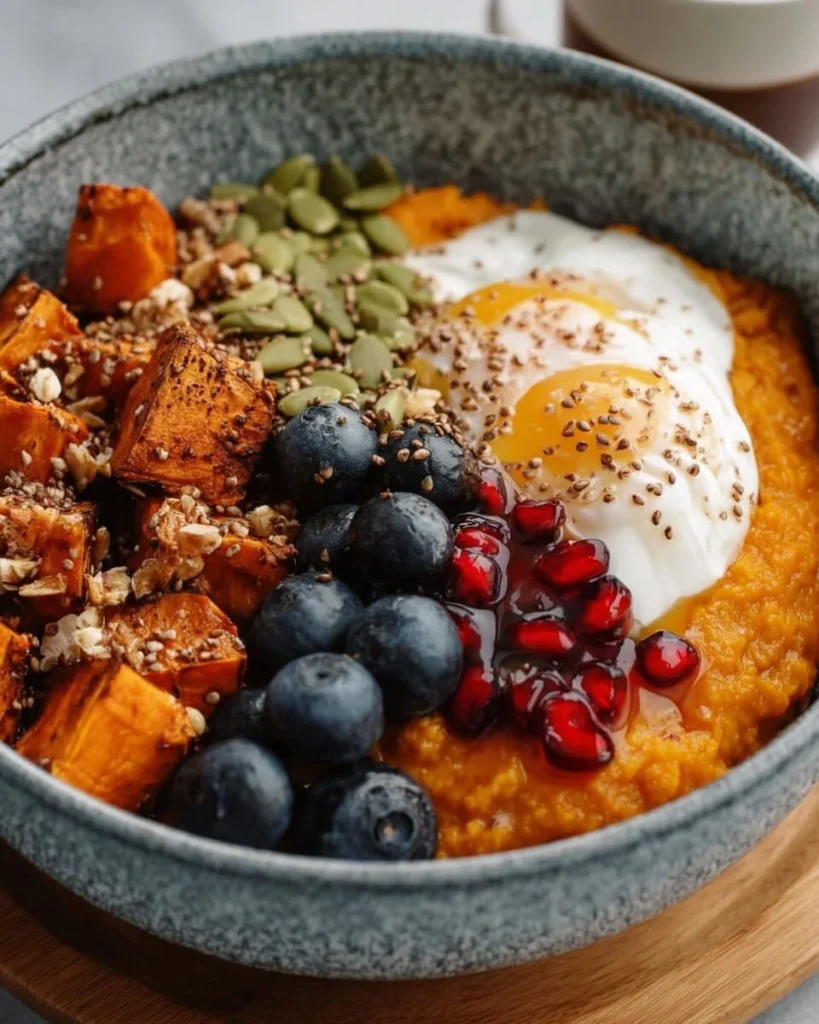Delicious sweet potato breakfast bowl topped with nuts and berries.