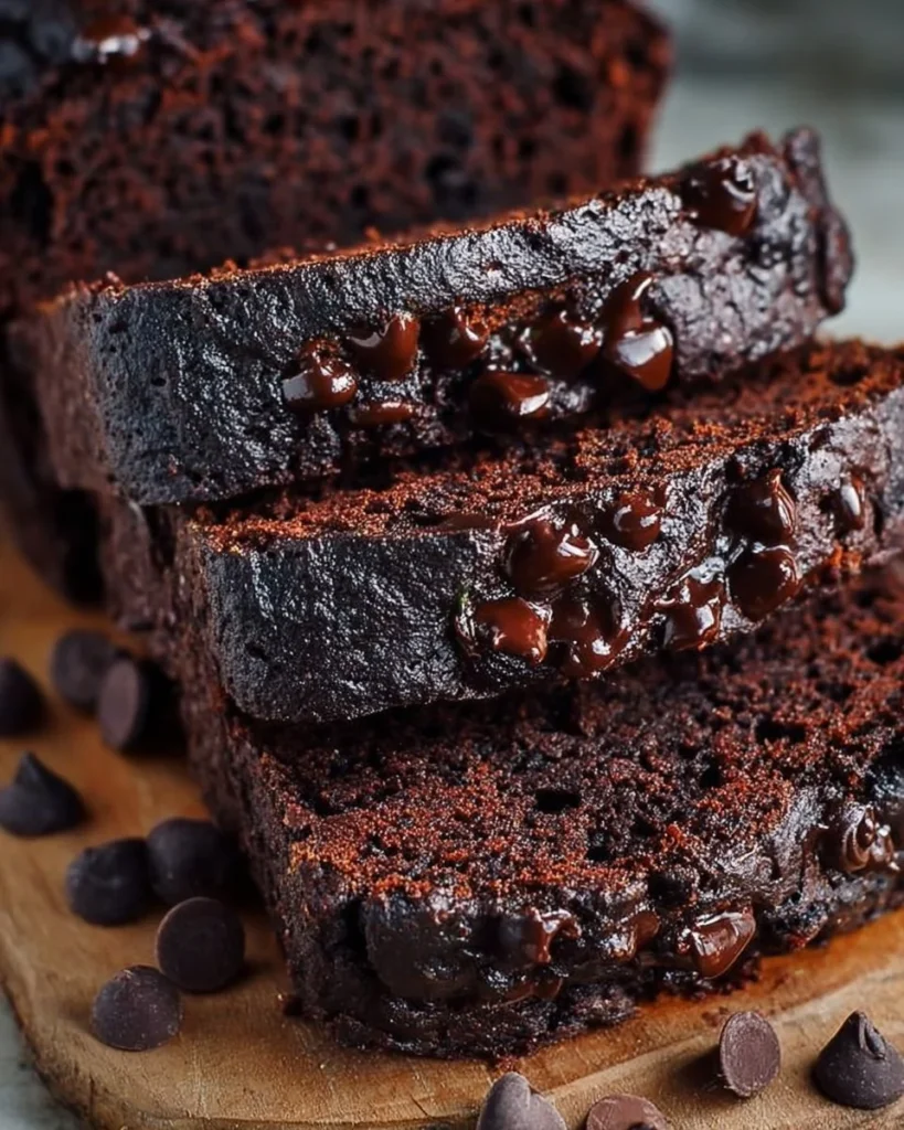 Loaf of double chocolate zucchini bread with chocolate chips on a wooden cutting board