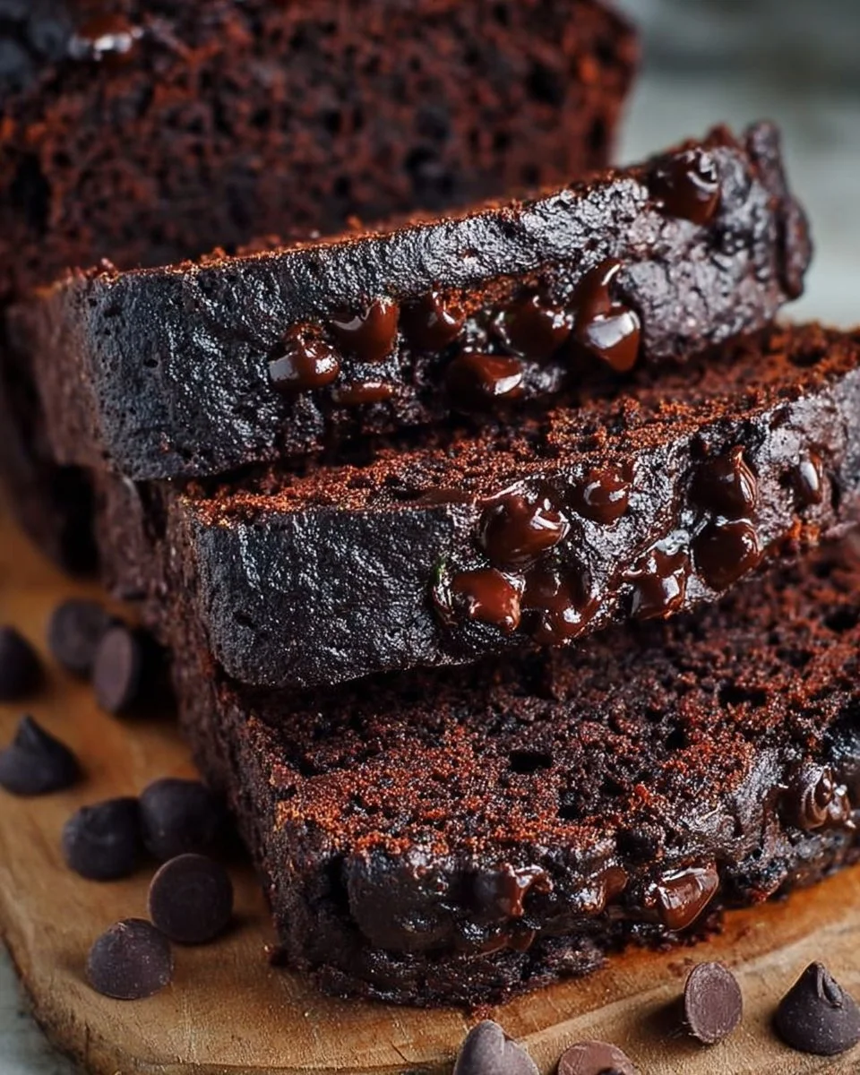 Loaf of double chocolate zucchini bread with chocolate chips on a wooden cutting board