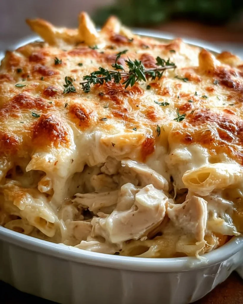 Delicious Dump and Bake Chicken Alfredo Casserole with creamy sauce and pasta