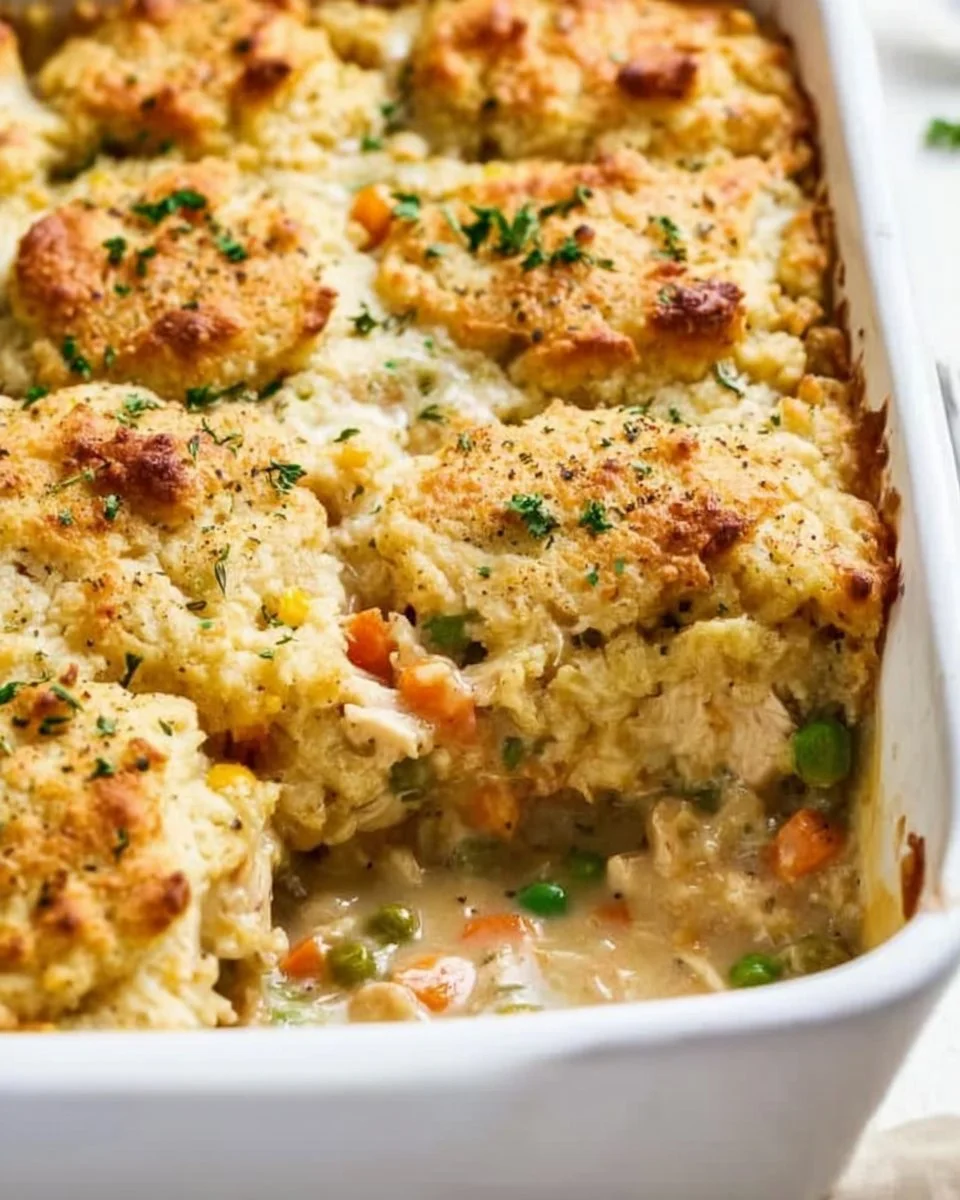 Delicious Dump & Bake Chicken Cobbler served in a dish