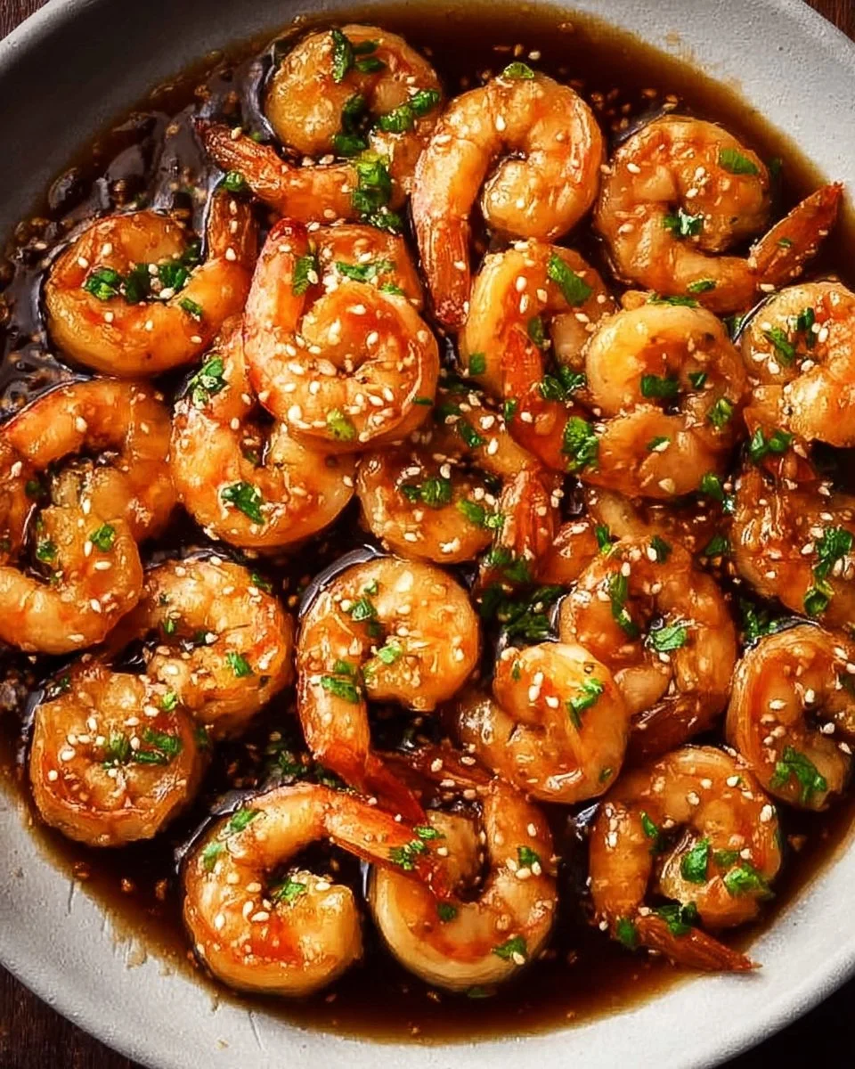Delicious honey garlic shrimp served with rice and vegetables
