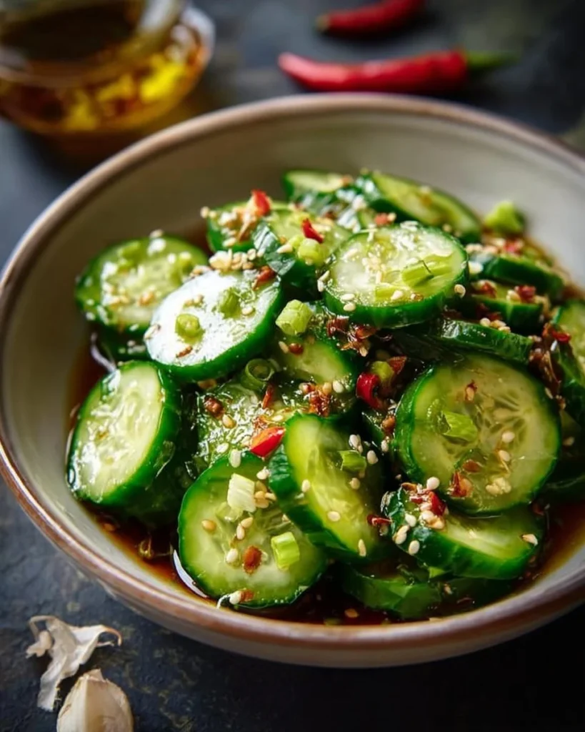 Bowl of easy Asian cucumber salad with fresh vegetables and herbs