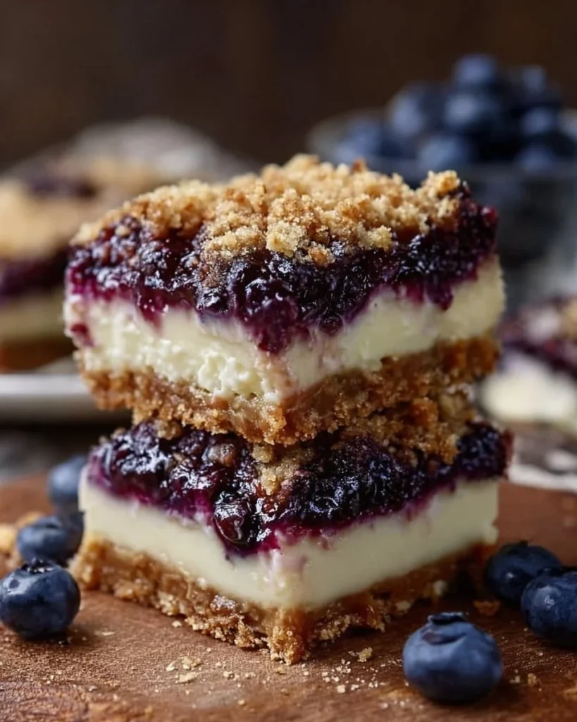 Delicious easy blueberry crisp cheesecake bars with fresh blueberries
