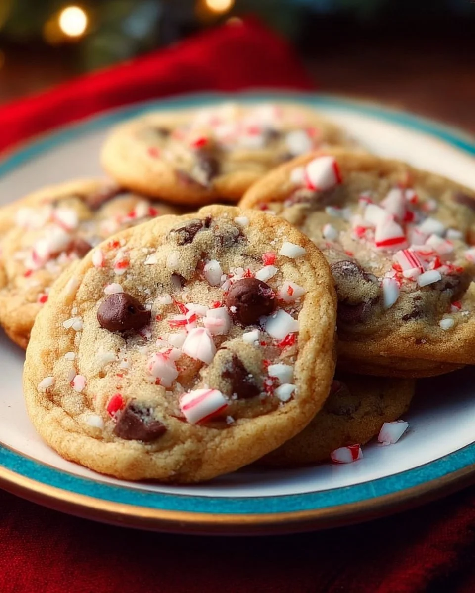 Baked candy cane chocolate chip cookies decorated with crushed candy canes.