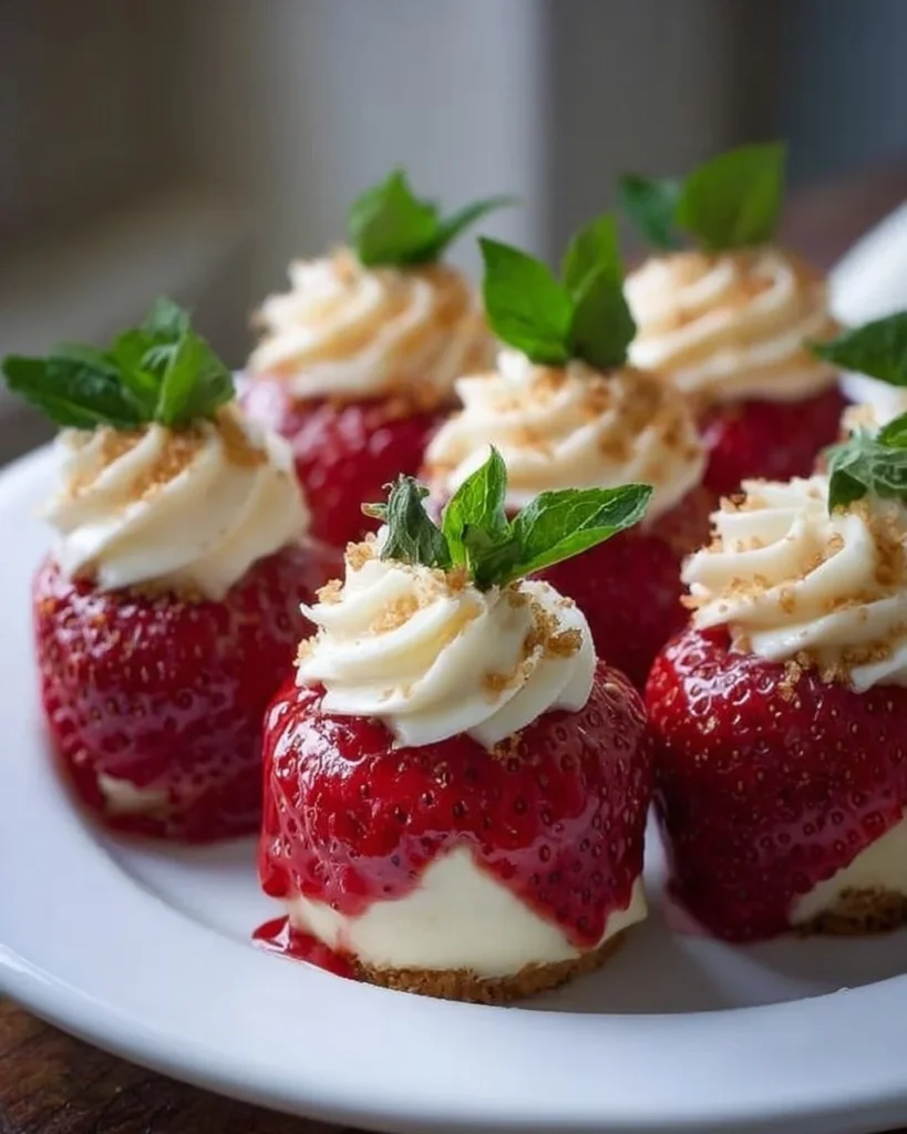 Easy cheesecake deviled strawberries on a white plate, garnished with mint leaves.