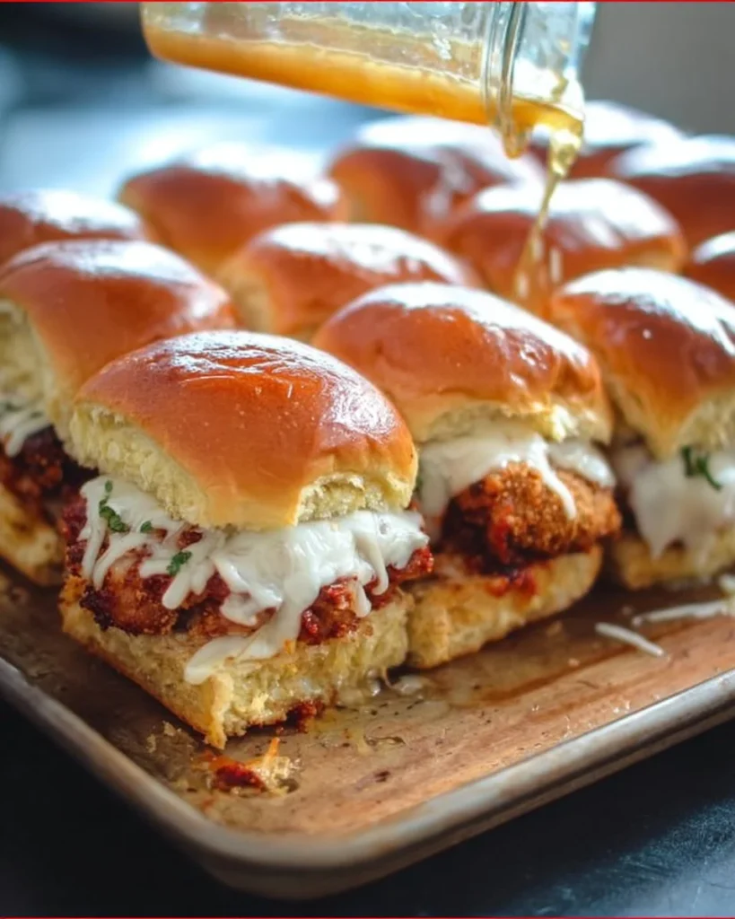 Easy Chicken Parmesan Sliders with melted cheese and marinara sauce