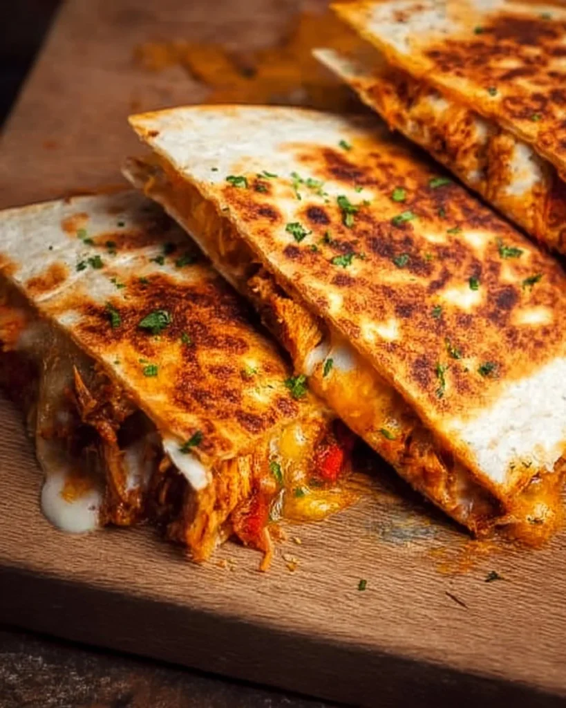 Delicious easy chicken quesadillas served on a plate with toppings