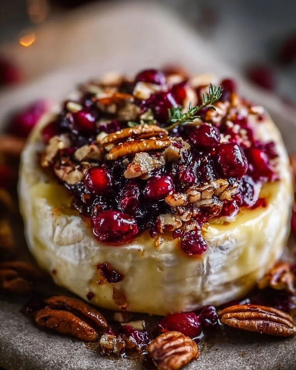 Easy Cranberry Pecan Baked Brie appetizer ready to serve