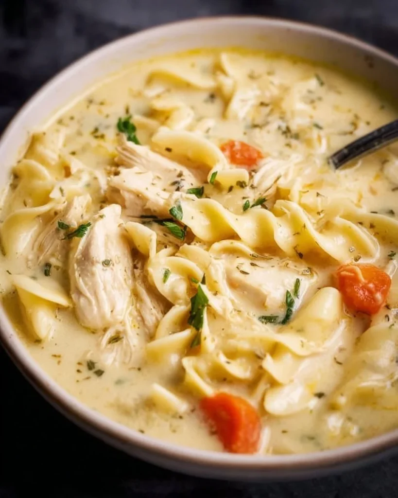 Bowl of easy creamy chicken noodle soup with vegetables and noodles