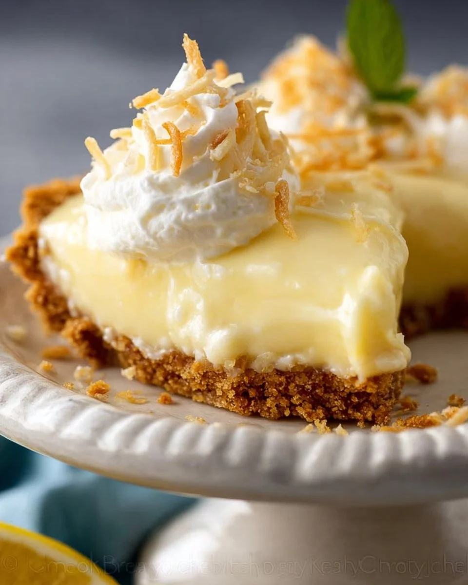 Slice of easy creamy Meyer lemon pie on a plate with a lemon garnish