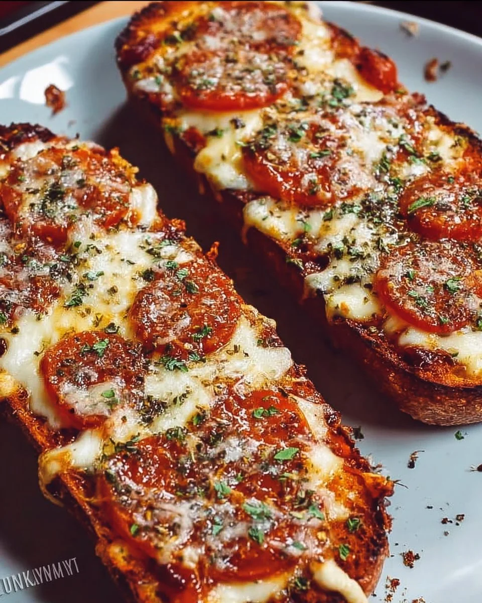 Easy French bread pizza with toppings on a wooden table