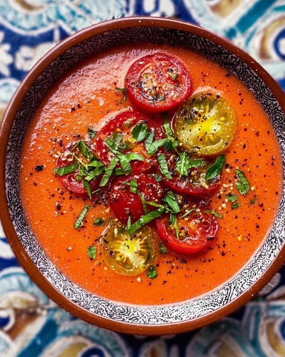 Bowl of easy gazpacho topped with fresh herbs and vegetables