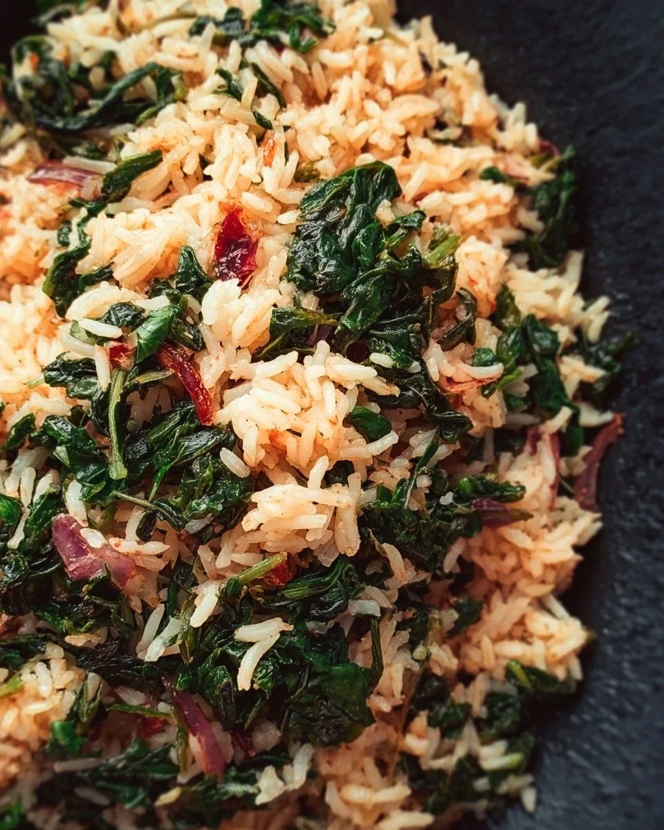 Bowl of easy healthy kale rice pilaf with vibrant greens and fluffy rice