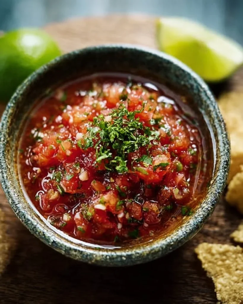 Bowl of easy homemade salsa made with fresh tomatoes and herbs