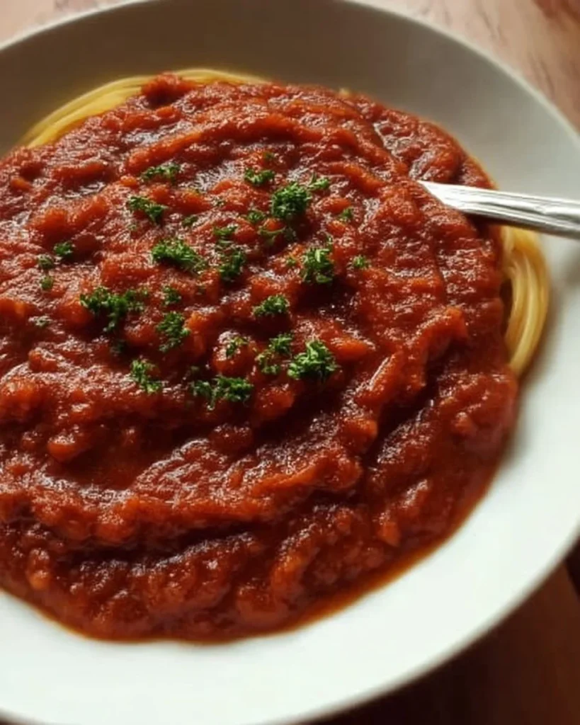 A pot of easy homemade spaghetti sauce with fresh ingredients simmering.