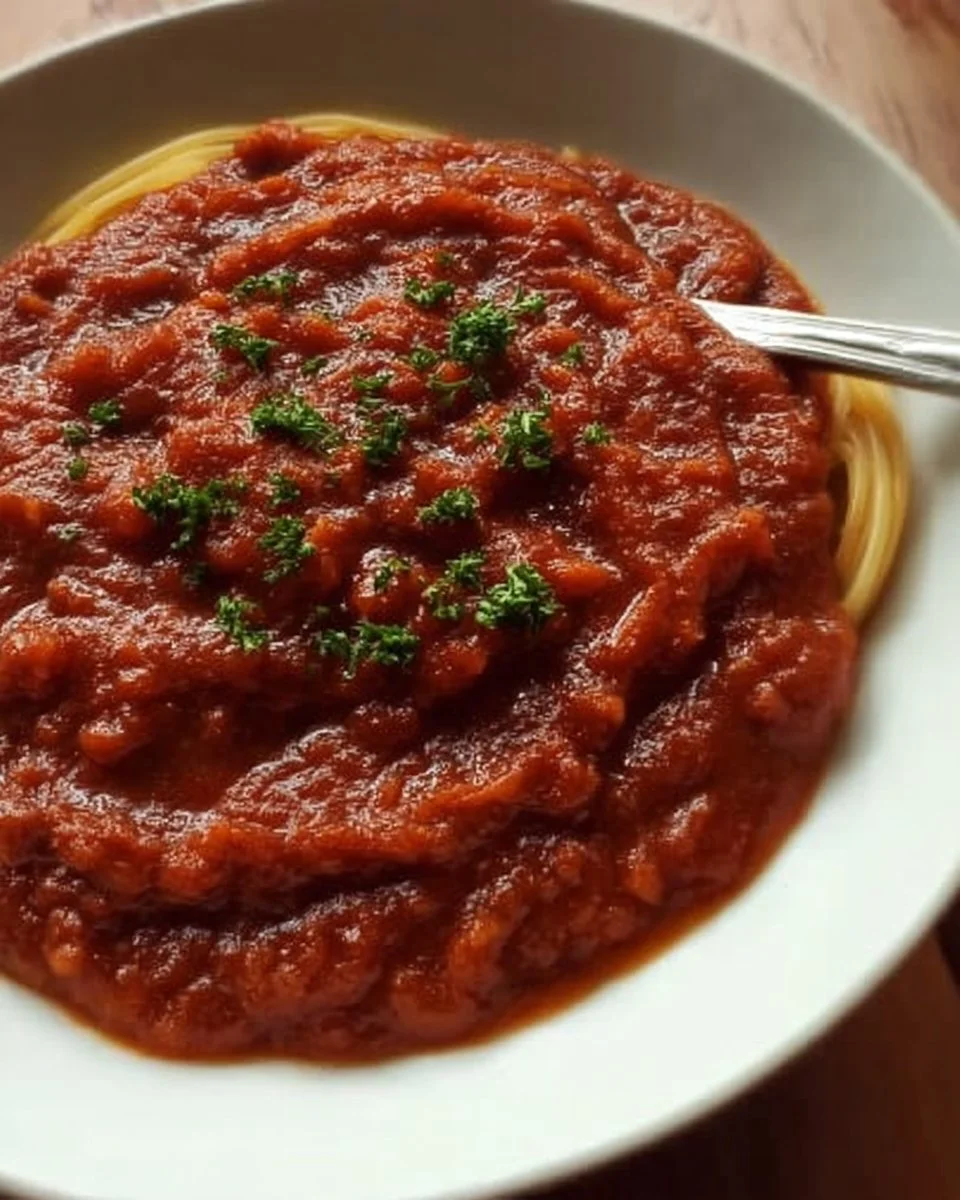 A pot of easy homemade spaghetti sauce with fresh ingredients simmering.