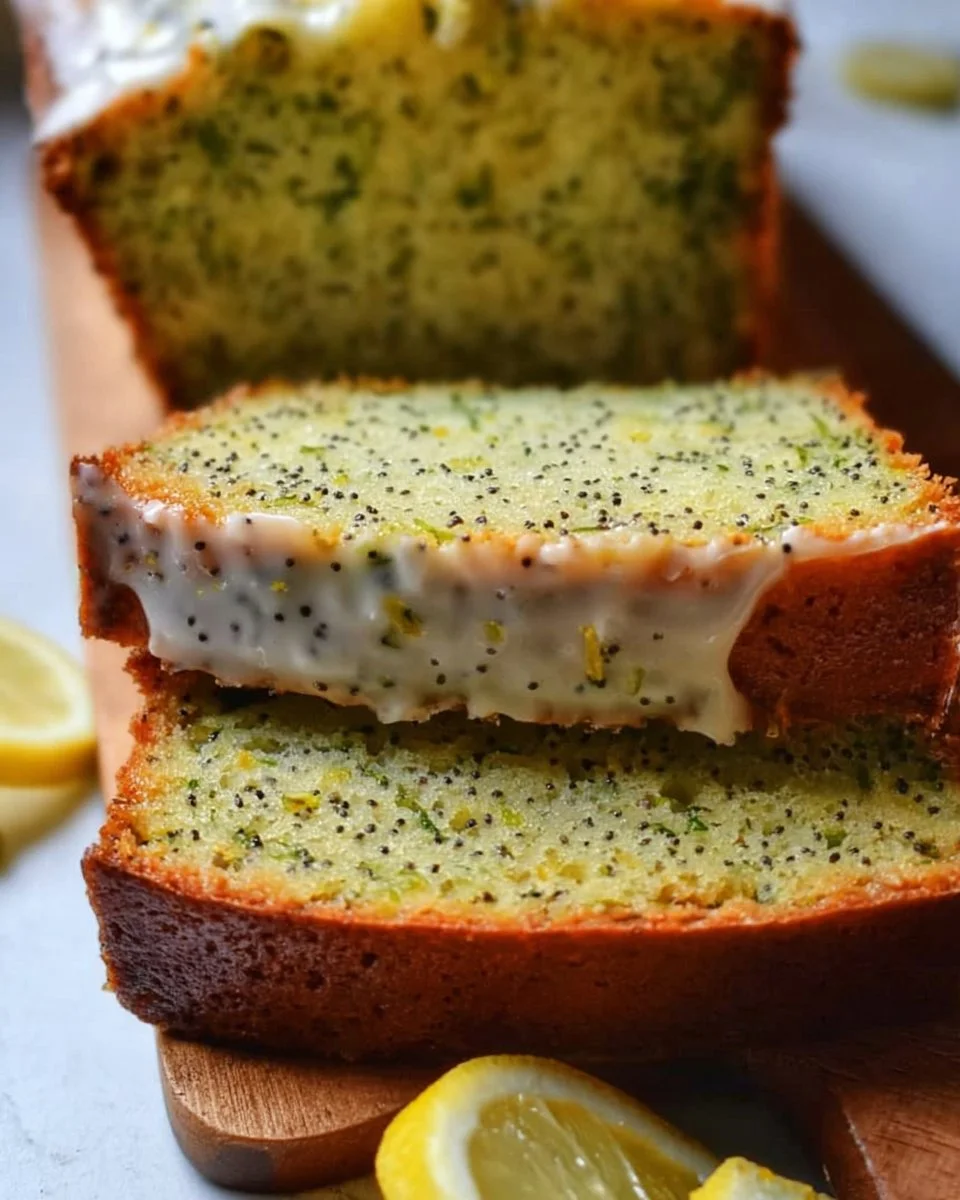 Easy lemon poppy seed zucchini bread with slices on a wooden table