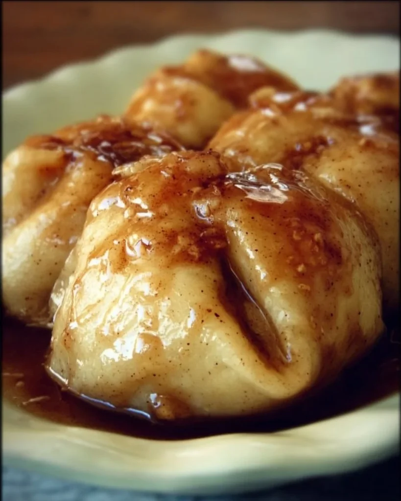 Delicious Pennsylvania Dutch apple dumplings served with cinnamon and caramel sauce.