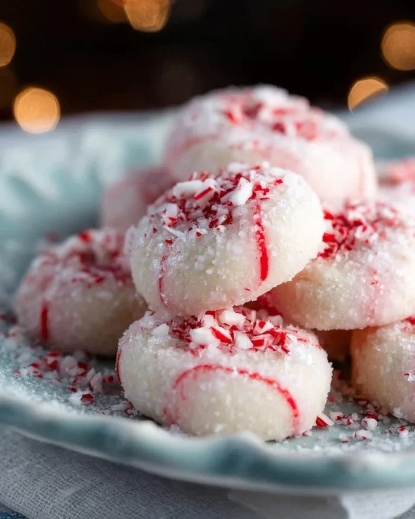 Plate of easy peppermint meltaway cookies with festive decorations