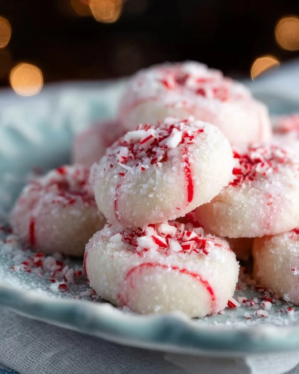 Plate of easy peppermint meltaway cookies with festive decorations