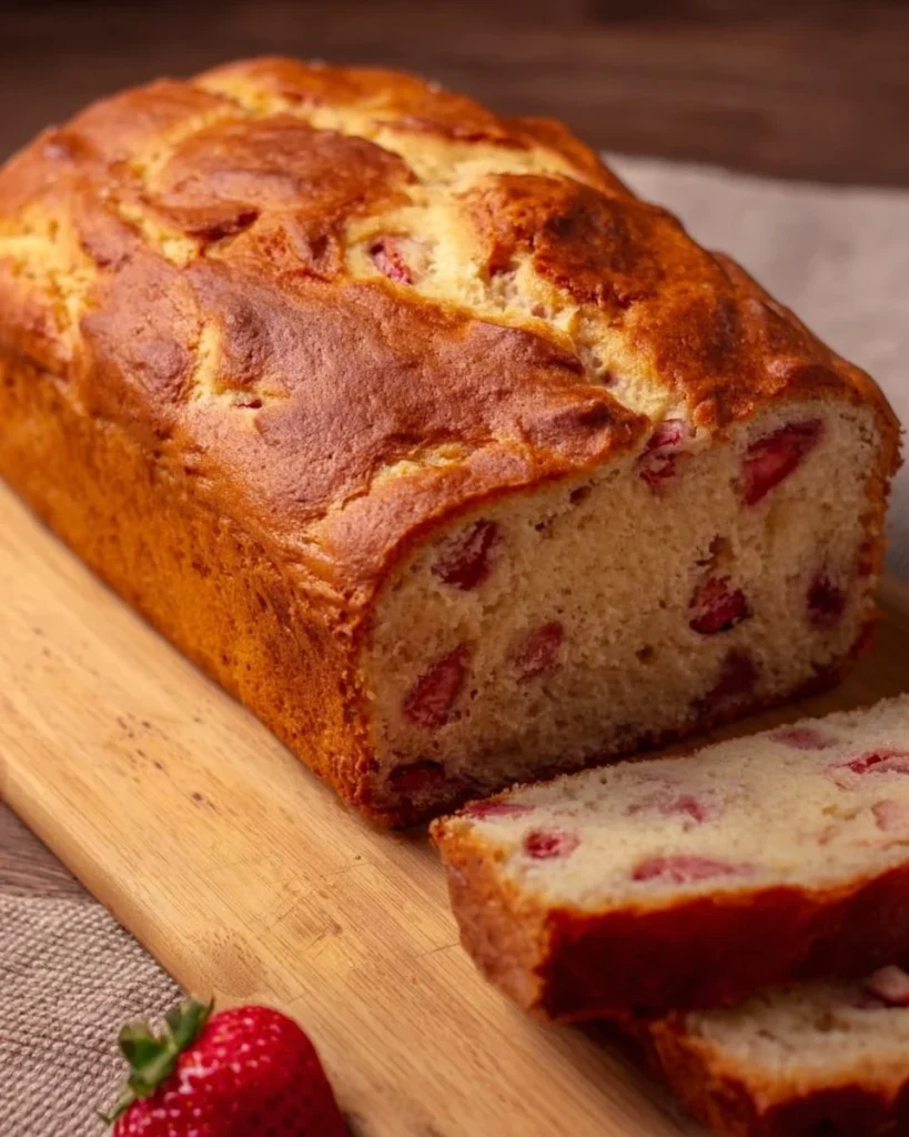 Slice of easy strawberry bread with fresh strawberries