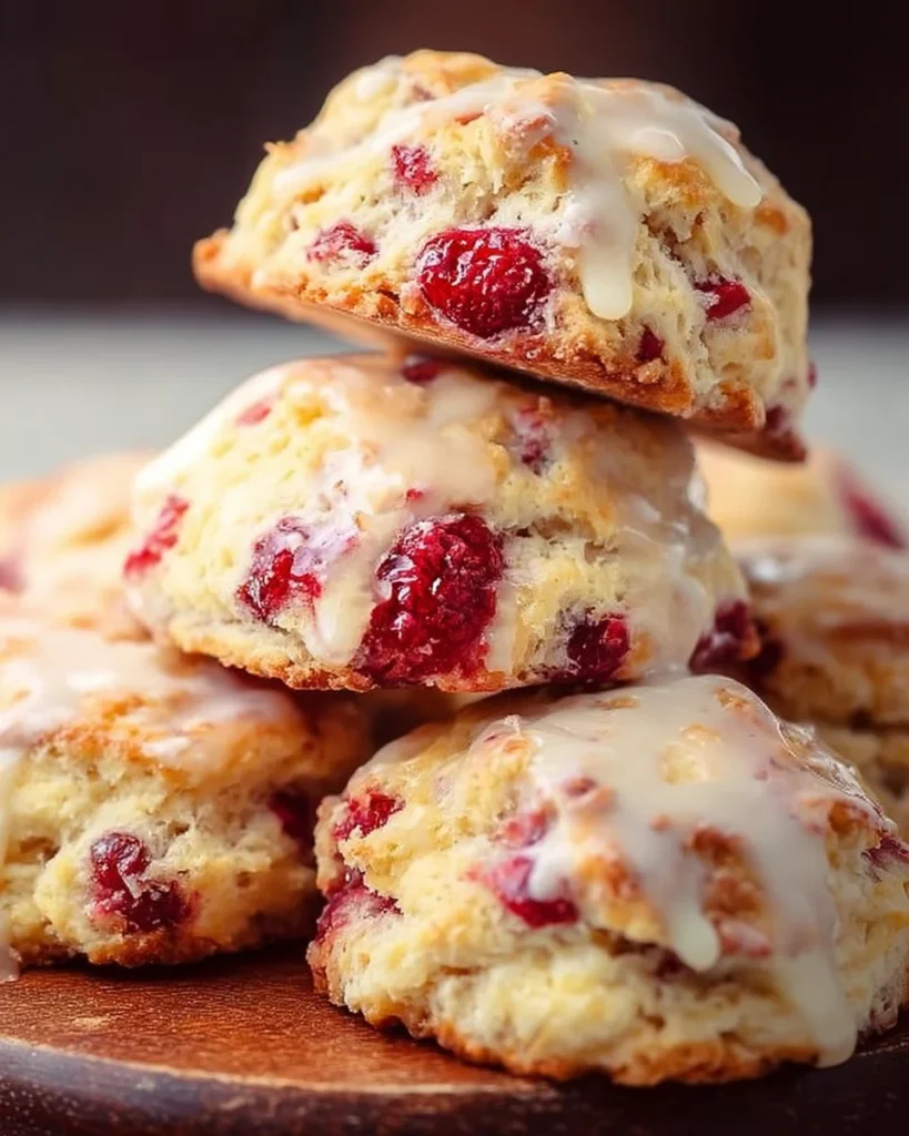 Fluffy lemon raspberry scones fresh out of the oven, golden and tempting.