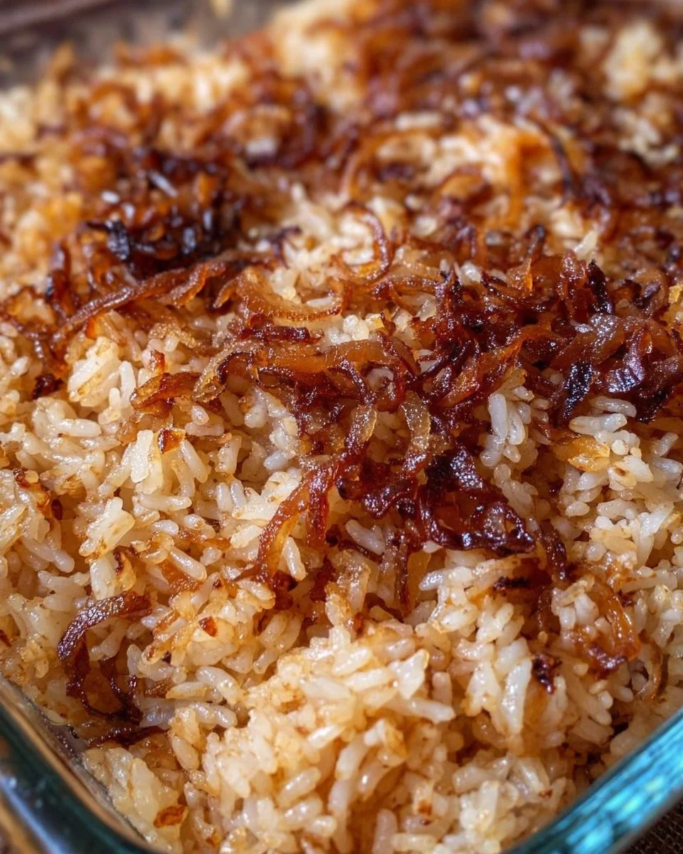 Delicious serving of French Onion Rice topped with caramelized onions and cheese.