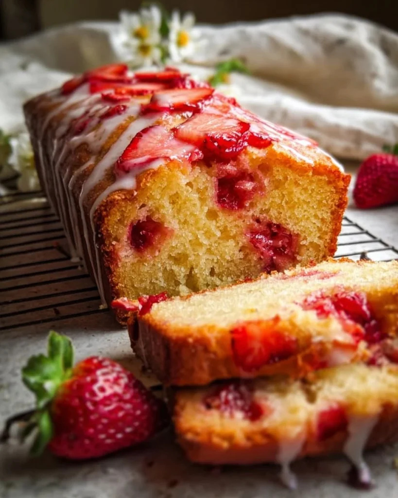 Freshly baked strawberry pound cake with strawberries on top