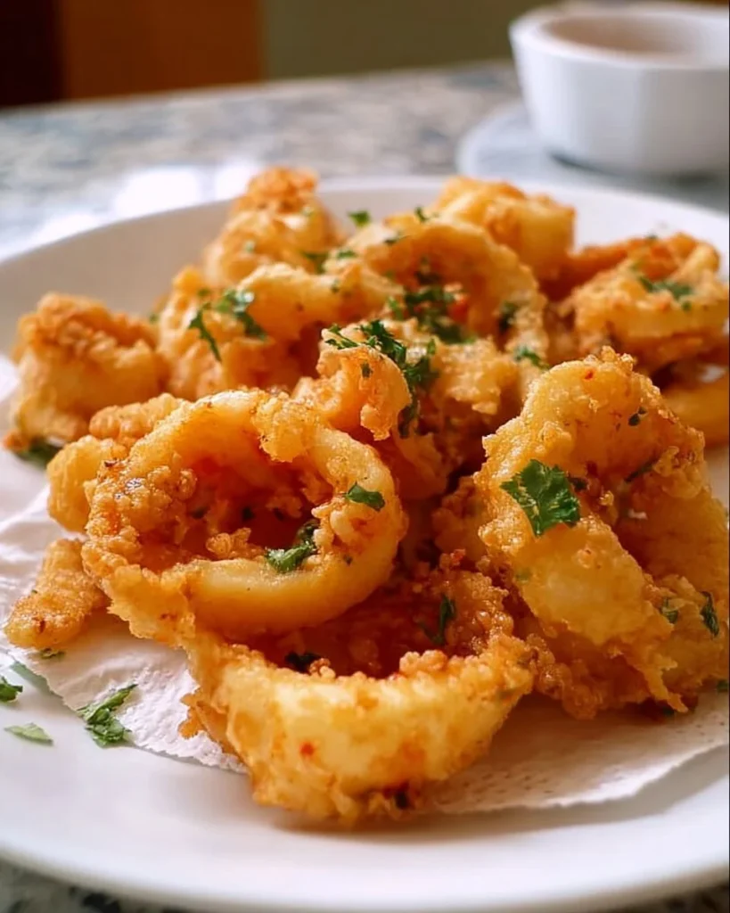 Plate of crispy fried calamari served with dipping sauce and lemon wedges
