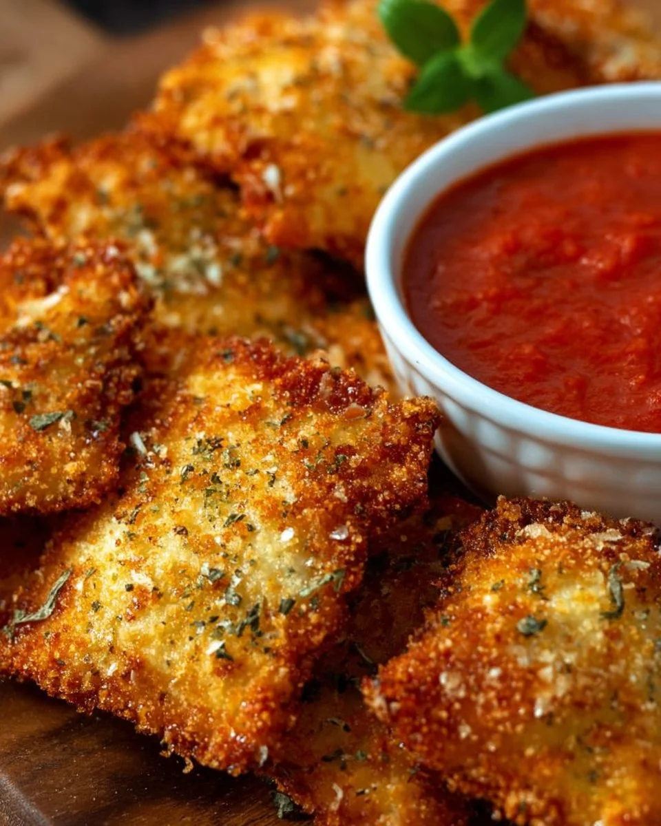 Crispy Fried Ravioli served with marinara sauce on a plate