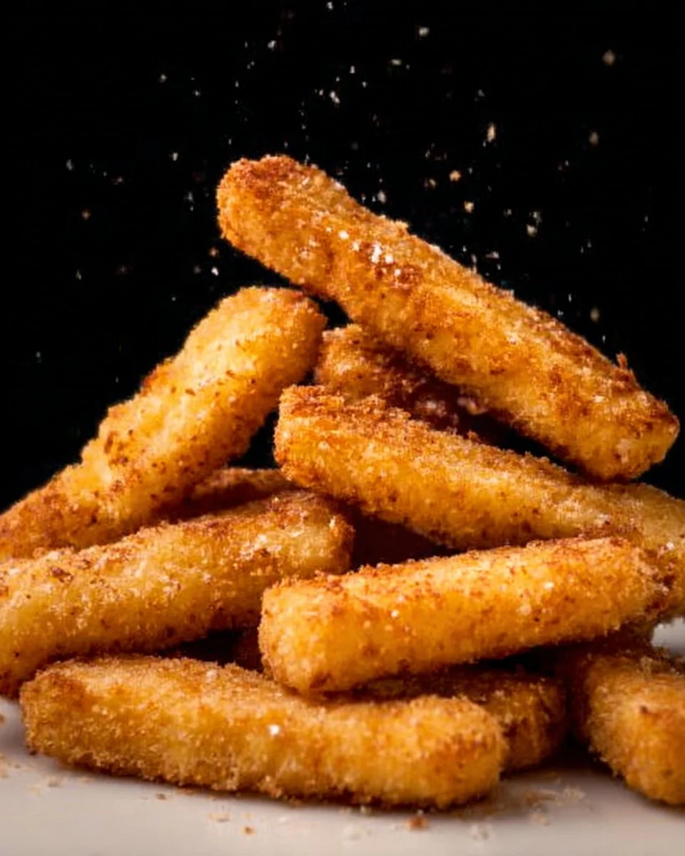 Air fryer frozen fish sticks crispy and golden served on a plate.