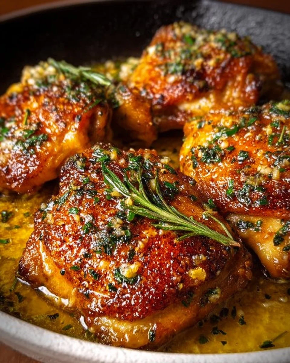 Delicious Garlic Butter Chicken Thighs garnished with herbs and garlic