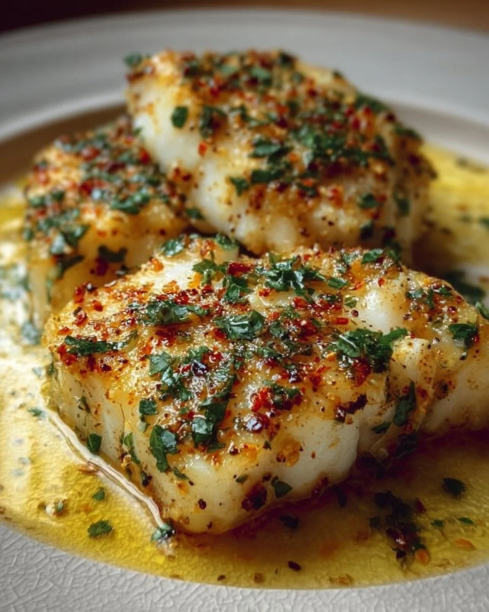 Delicious Garlic Butter Cod served with herbs and lemon