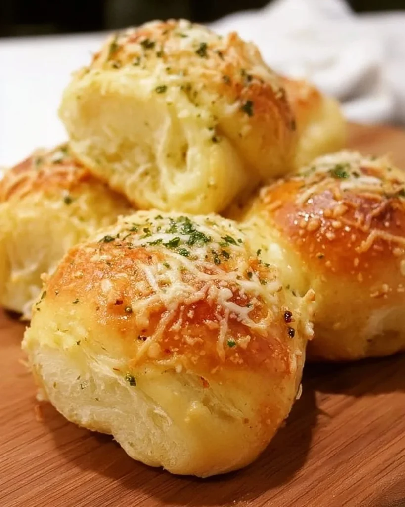 Freshly baked Garlic Parmesan Dinner Rolls on a wooden table