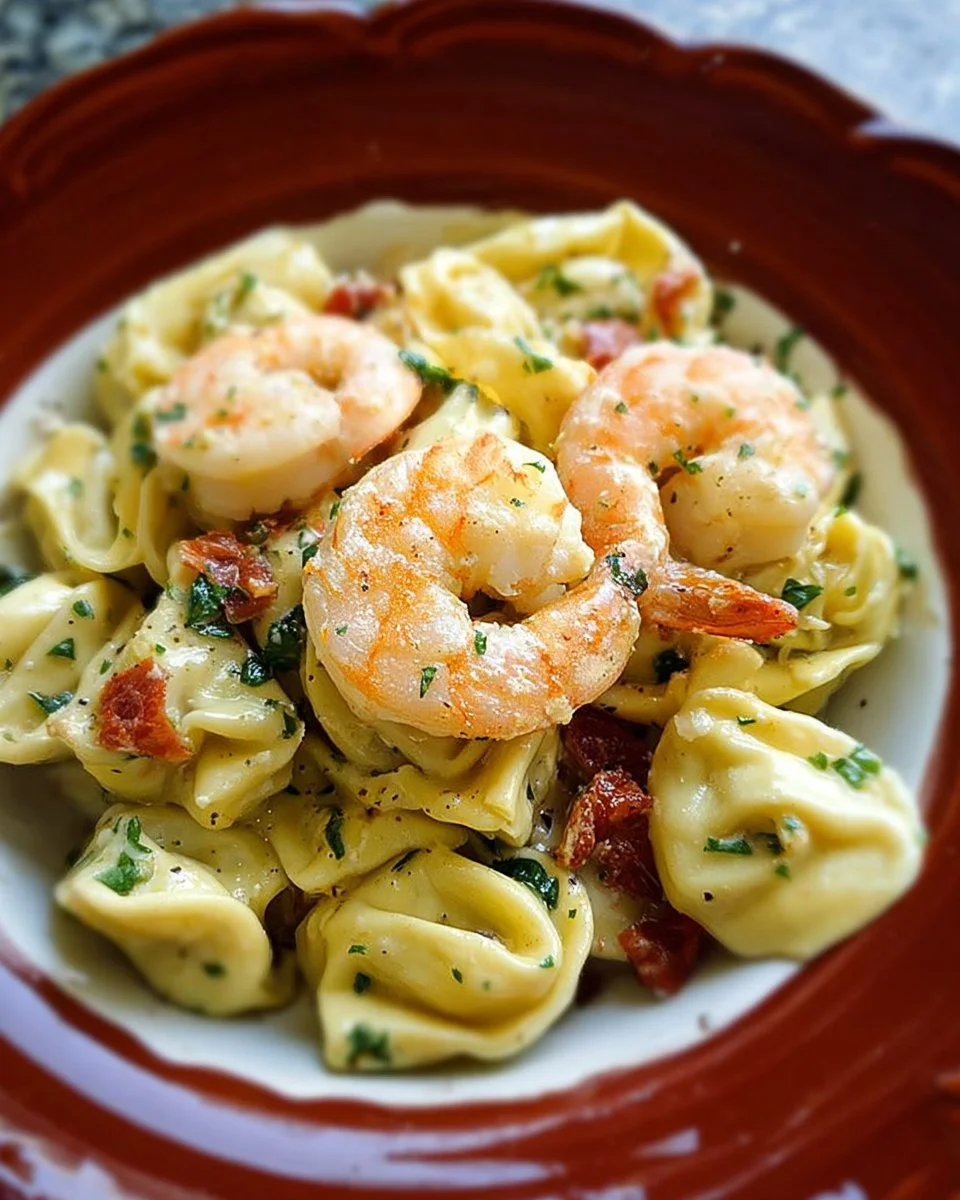 Plate of Garlic Shrimp Tortellini topped with fresh herbs and served with a side salad.