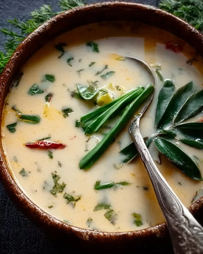 Bowl of Ginger Lemongrass Soup with Coconut Milk garnished with fresh herbs.
