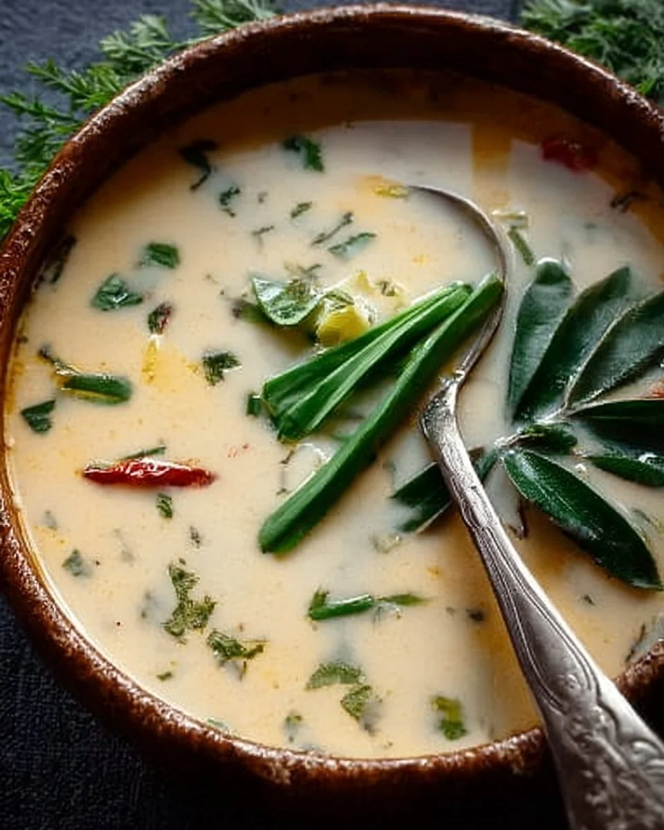 Bowl of Ginger Lemongrass Soup with Coconut Milk garnished with fresh herbs.