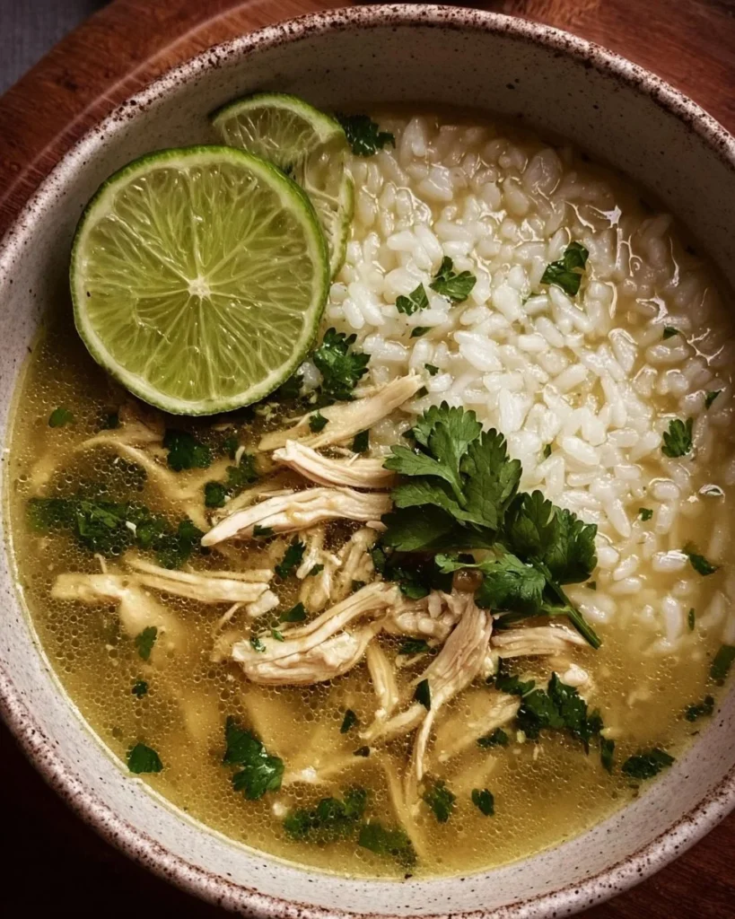 Delicious bowl of Ginger Lime Chicken and Rice Soup garnished with fresh herbs.
