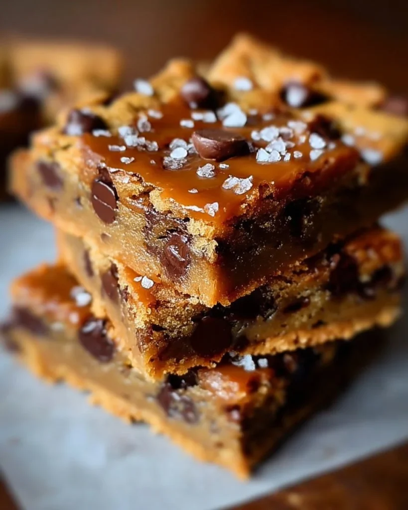 Gooey salted caramel chocolate chip cookie bars on a plate