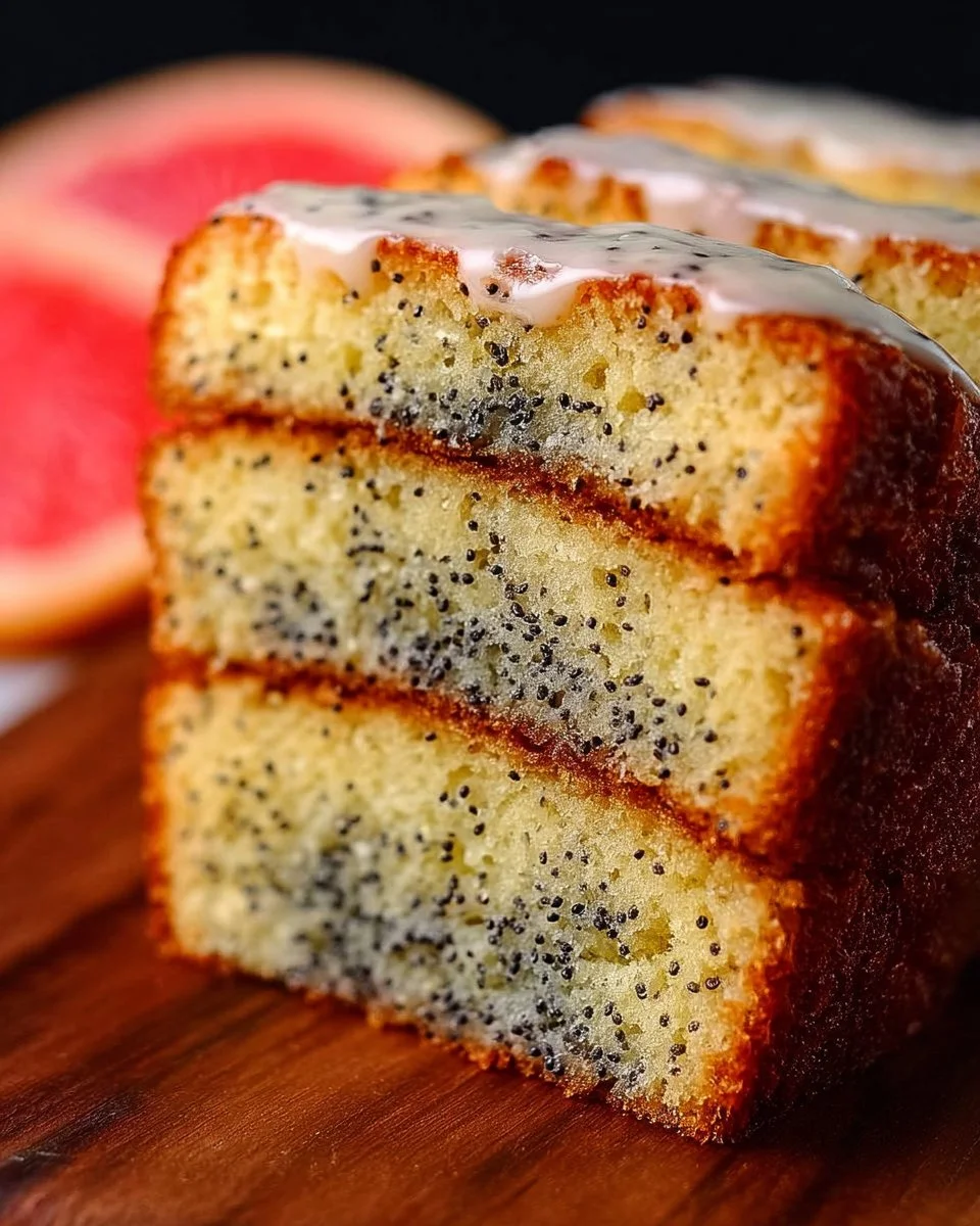 Grapefruit Poppy Seed Cake with a slice revealing its moist texture and poppy seeds