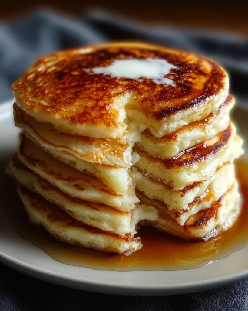 Fluffy Greek yogurt pancakes topped with fresh fruits and syrup on a plate