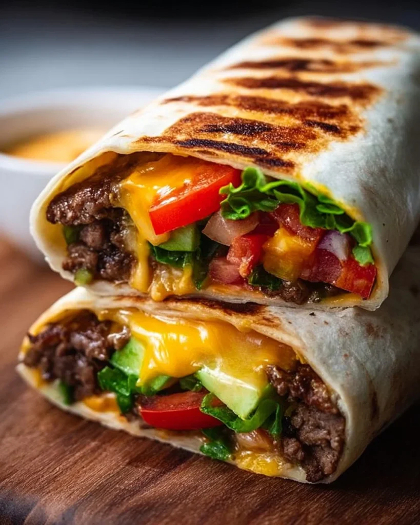 Delicious grilled cheeseburger wraps filled with beef and fresh toppings